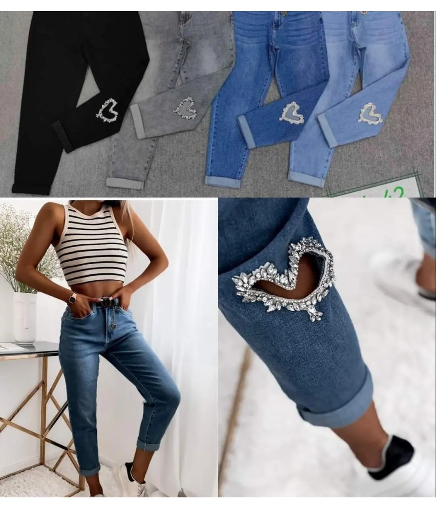 Spodnie damskie jeans modelujące z sercem na nogawce