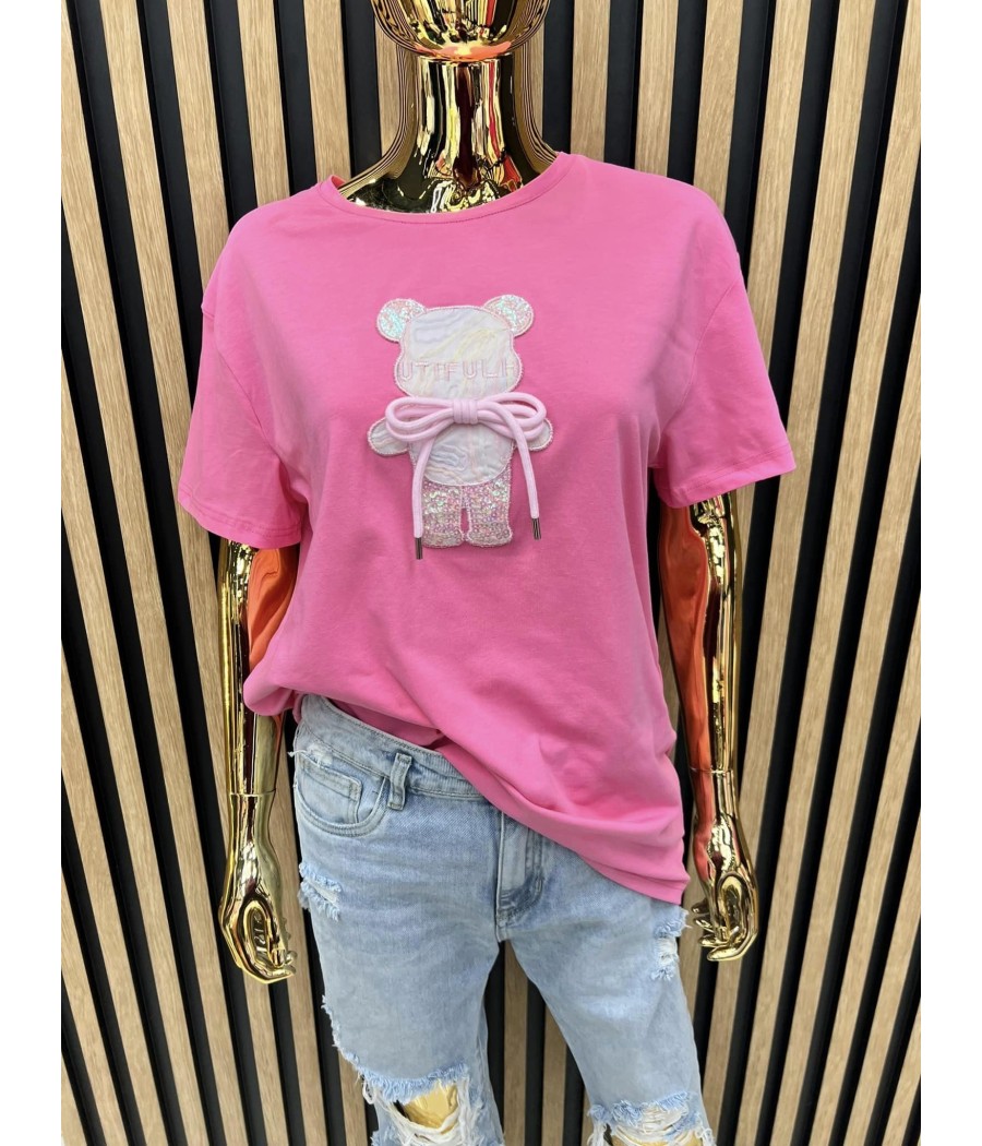 Różowa T-shirt bluzka z misiem